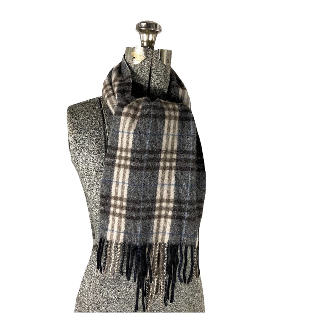 Enzo Montovani Wool Cashmere Plaid Fringed Scarf Neutral Earth Tones Classic